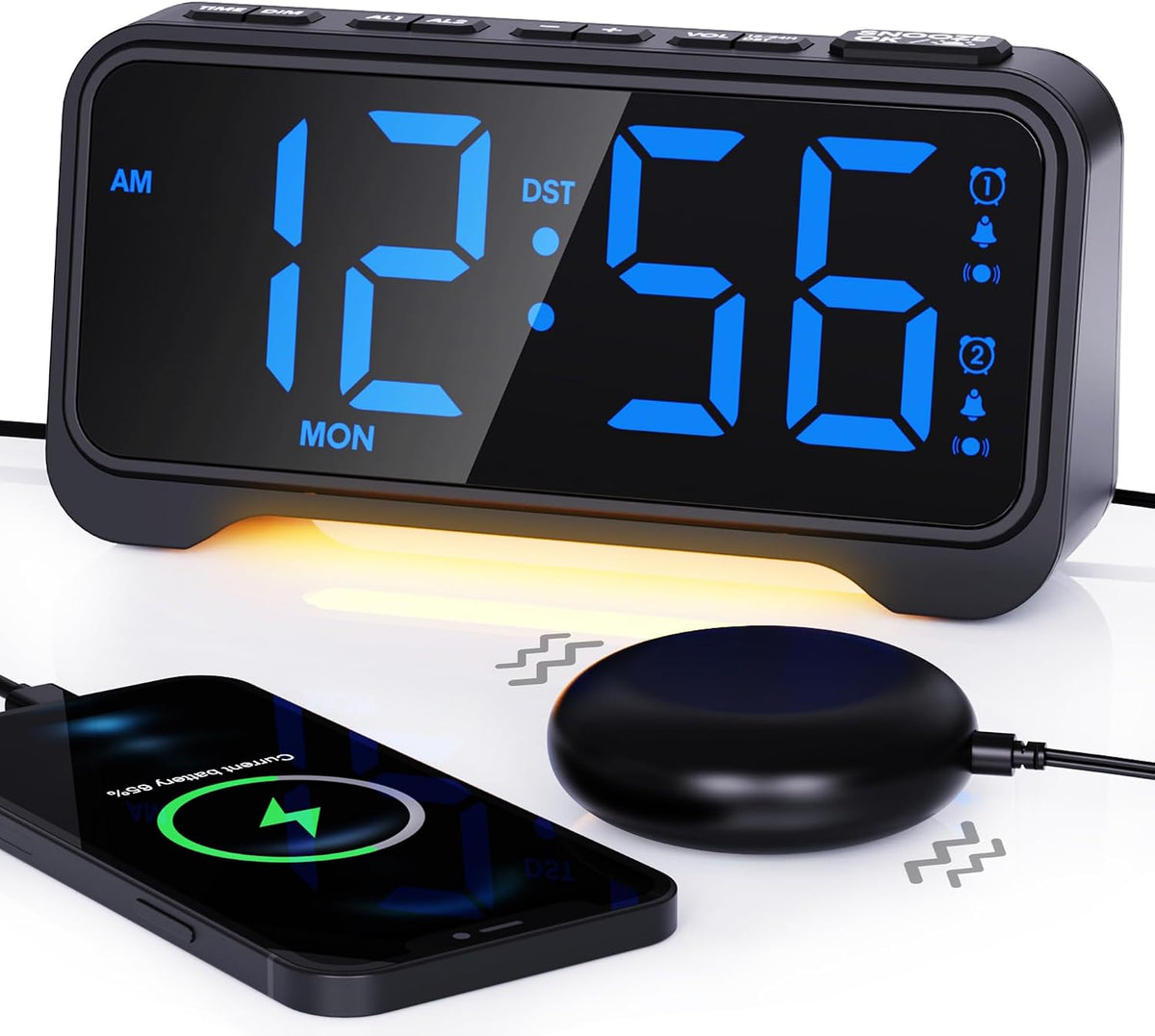 Vibrating Alarm Clock for Heavy Sleepers, 3-Level Bed Shaker, Dual Alarms