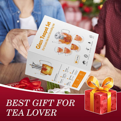 Glass Teapot, 40oz/1200ml Tea Pot with Removable Infuser for Loose Tea | Stovetop Safe Borosilicate Glass Tea Kettle with Strainer and Lid, Hand Crafted Clear Teapot with Scale Line,Tea Brewer Guide