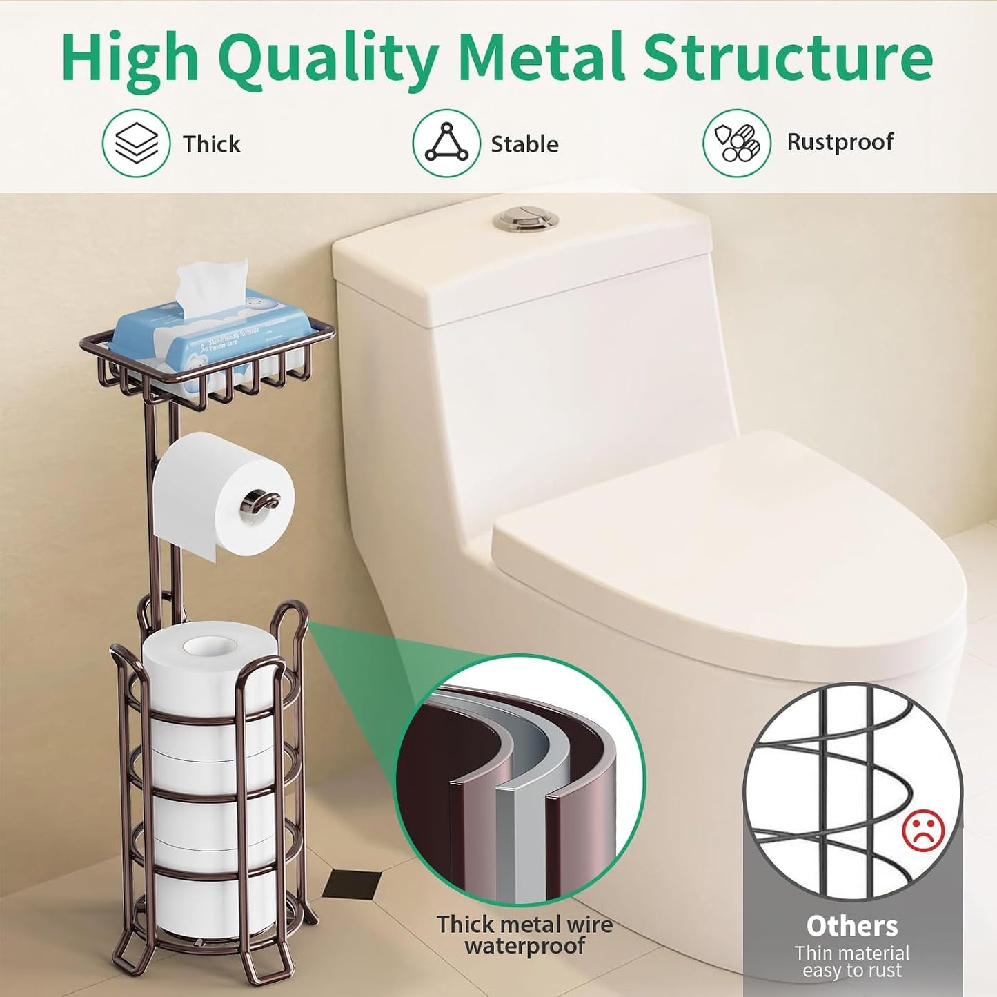 TomCare Toilet Paper Holder Free Standing with Shelf, Stable 4 Raised Feet | Stores 4 Mega Rolls, Tool-Free Assembly, Powder-Coated Metal Frame, Bathroom Storage Organizer for Spare Rolls, Silver