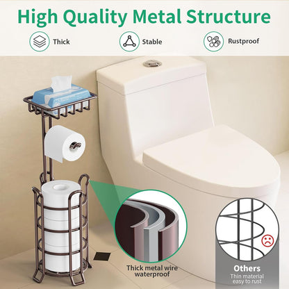 TomCare Toilet Paper Holder Free Standing with Shelf, Stable 4 Raised Feet | Stores 4 Mega Rolls, Tool-Free Assembly, Powder-Coated Metal Frame, Bathroom Storage Organizer for Spare Rolls, Silver