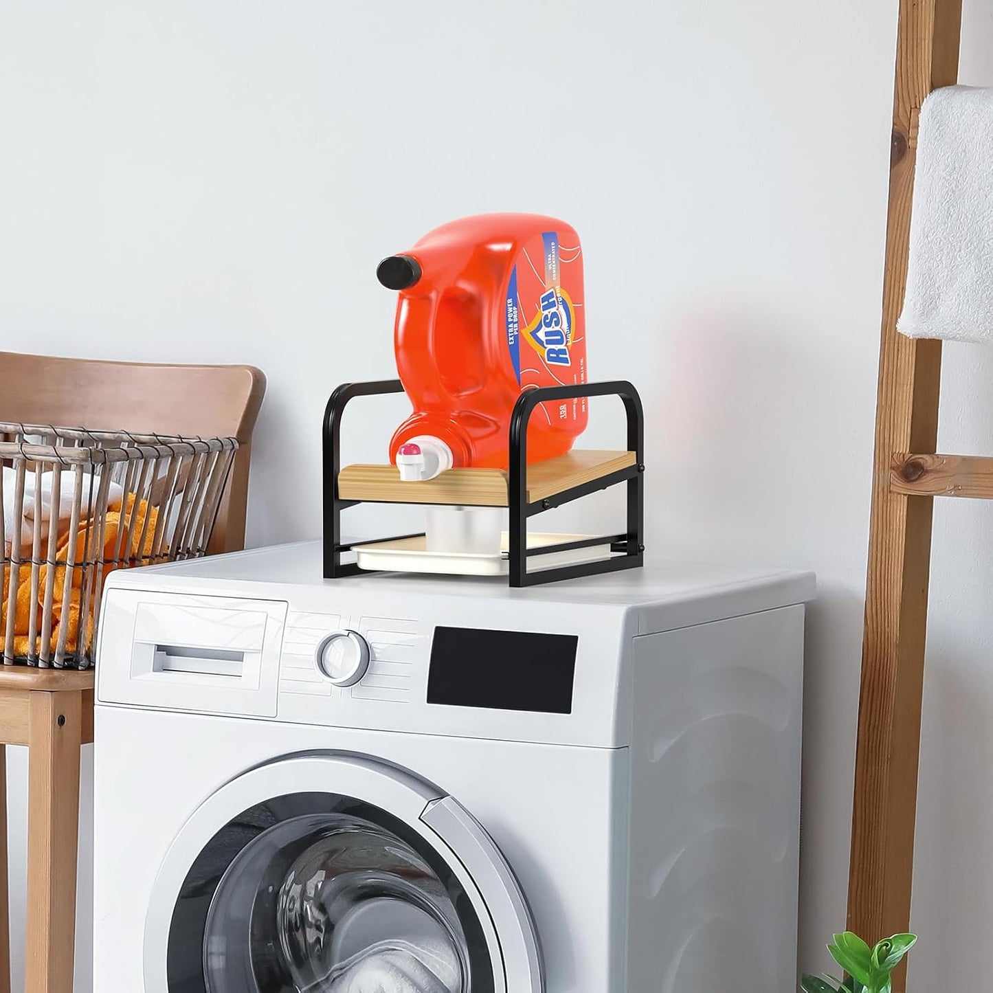 Laundry Detergent Holder Stand, Liquid Detergent Dispenser Shelf Organizer with Cleanable Drip Tray, Liquid Holder Stand Catcher for Laundry Room Organization and Storage (Flat-BlackWhite)