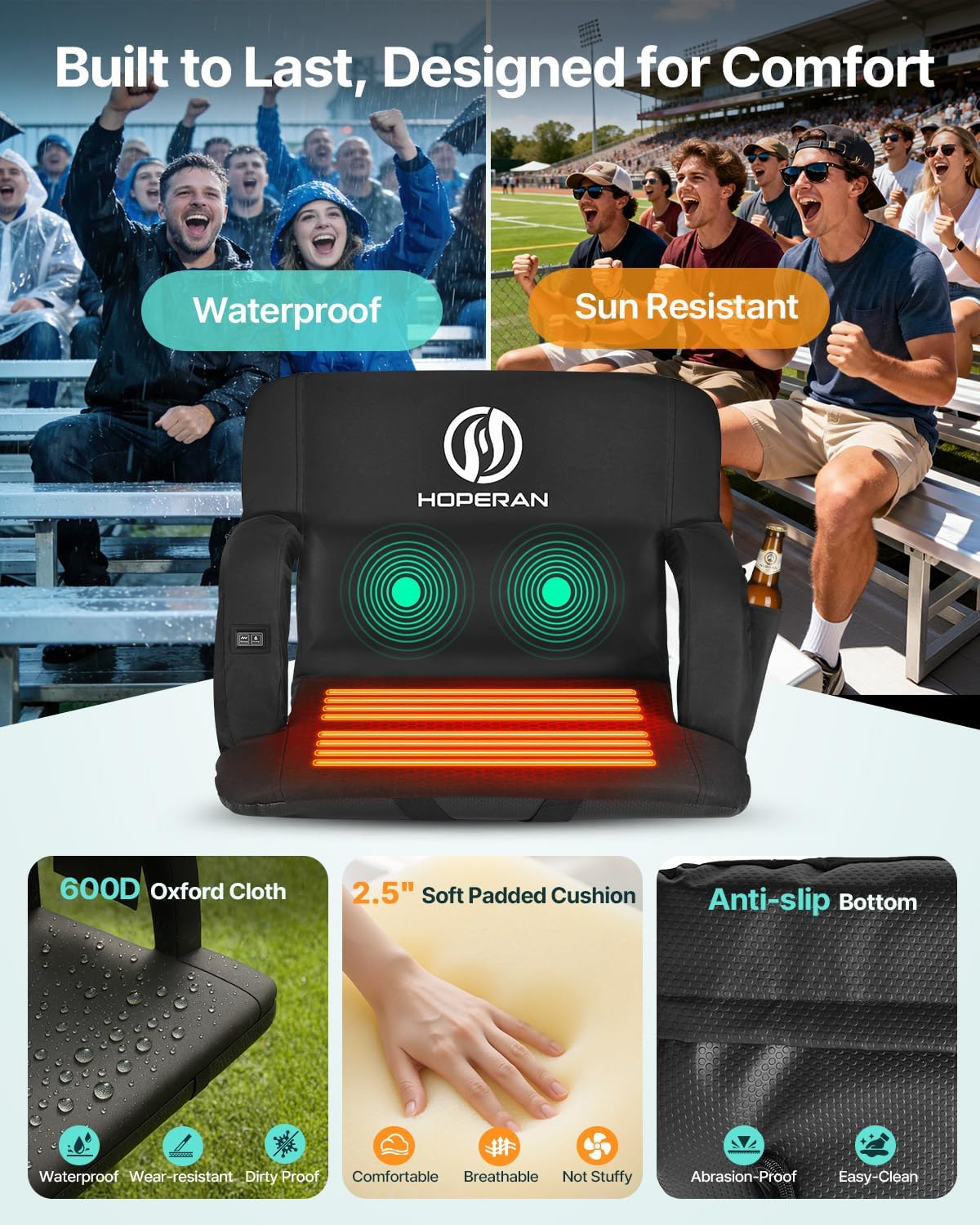 HOPERAN Massage Heated Stadium Seats for Bleachers, Dual Control, Portable | Back Massage, Seat Heated (Battery Not Included), Lumbar Pillow, 6 Recliner, Soft Cushion, Anti-Slip Stability, Side Pockets