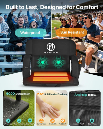 HOPERAN Massage Heated Stadium Seats for Bleachers, Dual Control, Portable | Back Massage, Seat Heated (Battery Not Included), Lumbar Pillow, 6 Recliner, Soft Cushion, Anti-Slip Stability, Side Pockets