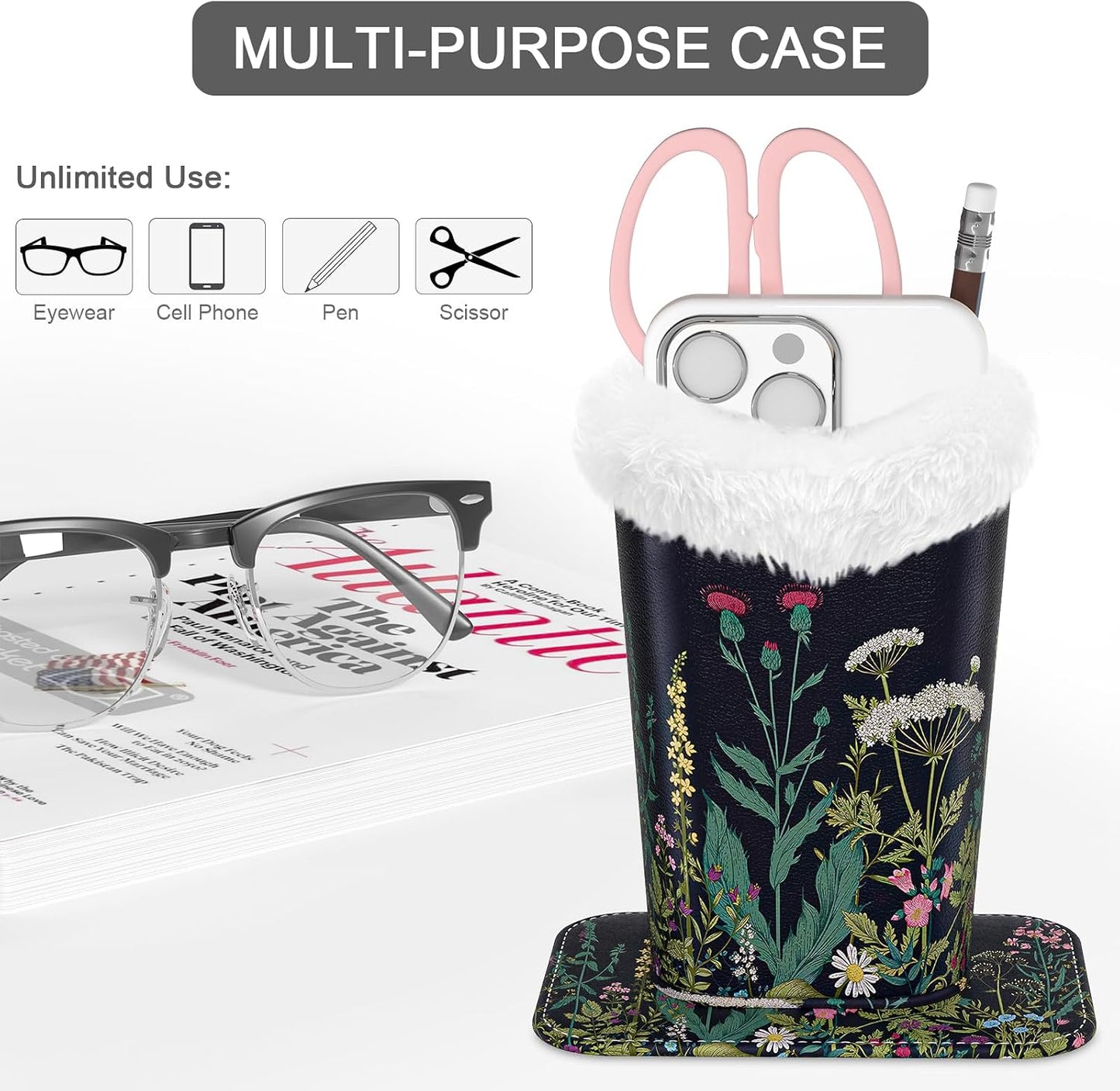 Eyeglasses Holder,Plush Lined PU Leather Pattern Stand Case with Magnetic Base,Unisex for Women Men