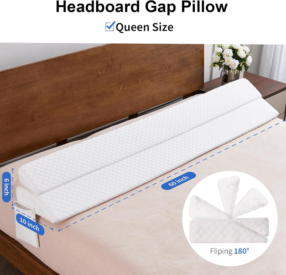 EUHAMS Queen Size Bed Wedge Pillow - Bed Gap Filler Mattress Wedge Headboard Pillow Close The Gap 0-7" Between Your Headboard and Mattress or Wall for Sleeping Backrest Pillow (60"x10"x6" Gray)