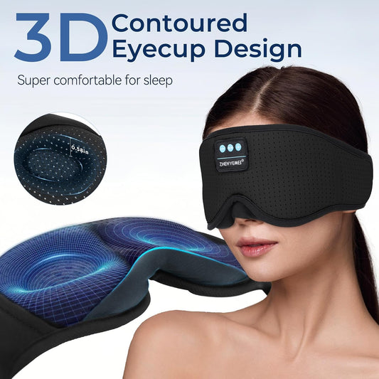 Sleep Eye Mask Bluetooth Headphones - 3D Contoured Zero Pressure Sleeping Masks 100% Blackout Eye Cover Breathable Sleeping Mask for Side Sleepers Wireless Earphone Ear Muff Headband Women Men Gift