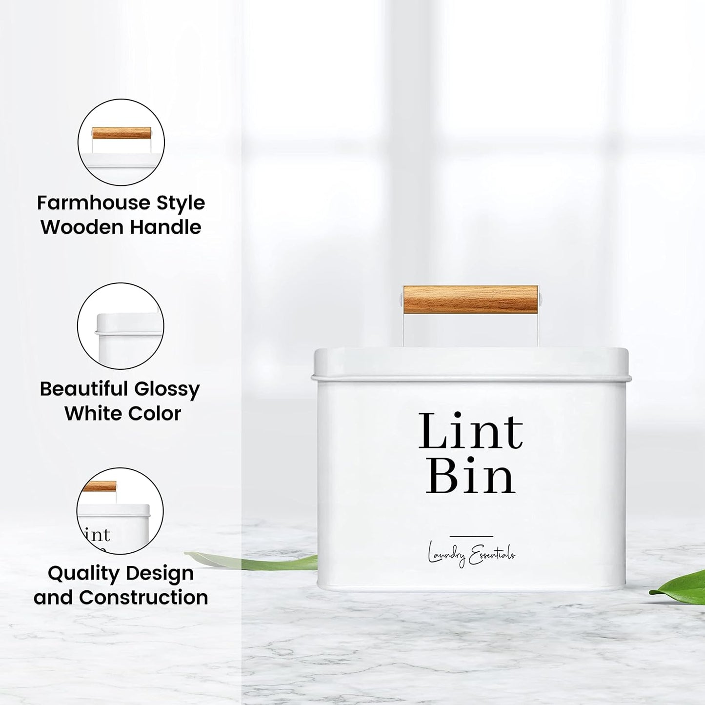 Modern Farmhouse Lint Bin for Laundry Room Decor and Accessories (White) | Metal Lint Bin for Laundry Decor and Laundry Room Organization, Laundry Trash Can, Lint Holder Bin