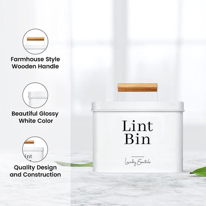 Modern Farmhouse Lint Bin for Laundry Room Decor and Accessories (White) | Metal Lint Bin for Laundry Decor and Laundry Room Organization, Laundry Trash Can, Lint Holder Bin