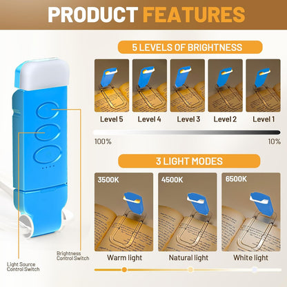 Book Reading Light Rechargeable Clip on Book Lamp with 3 Color Temperatures | 5-Level Dimmable Brightness, 3 Color Temperatures, 360° Rotatable USB Eye Caring