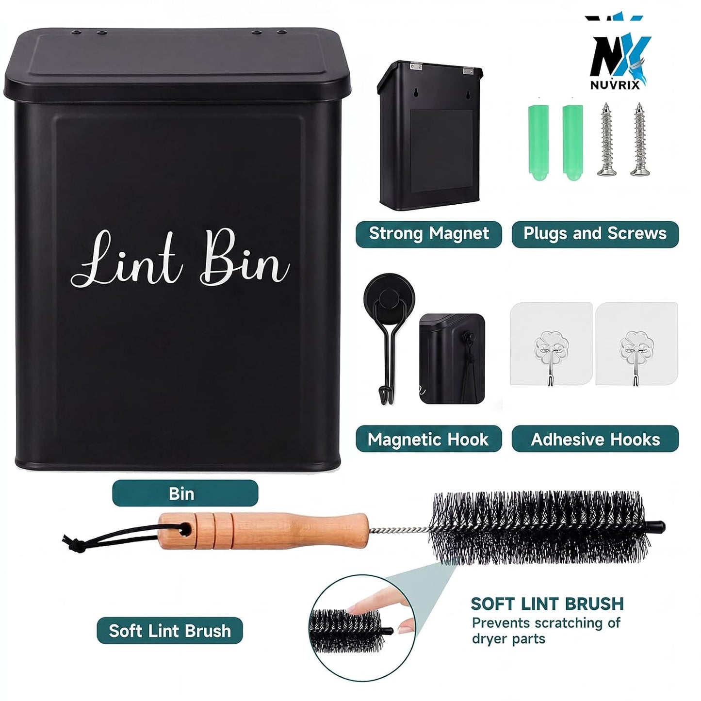 Magnetic Lint Bin for Laundry Room, Dryer lint bin Shiny White | galvanized metal body 1 Soft Lint Brush Included, 1 Magnetic Hook Included, 2 adhasive Hooks Included, Space-Saving
