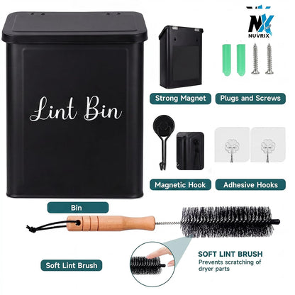 Magnetic Lint Bin for Laundry Room, Dryer lint bin Shiny White | galvanized metal body 1 Soft Lint Brush Included, 1 Magnetic Hook Included, 2 adhasive Hooks Included, Space-Saving