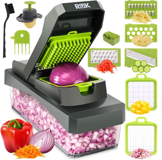 RüK 10-in-1 Vegetable Chopper – 6 Blade Veggie Chopper with Container, Food Dicer, Onion Cutter, Cheese Grater, Mandoline Slicer, Kitchen Gadgets & Home Essentials (Green)