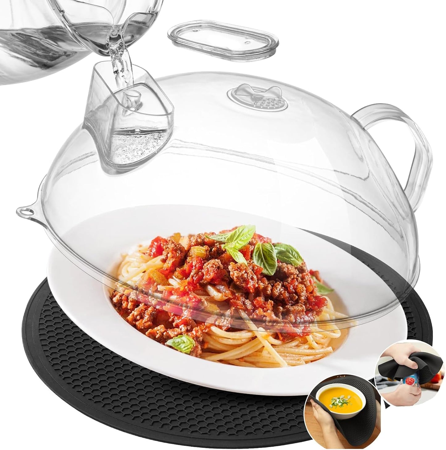 Microwave Splatter Cover, Clear, 10" Plate & 12" Mat | Water Steamer, Integrated Handle, Splatter Guard, BPA-Free