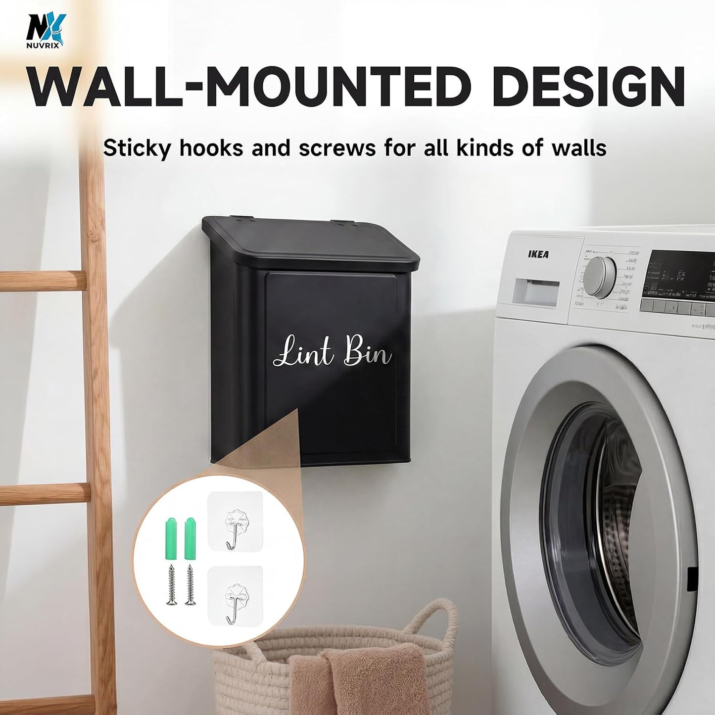 Magnetic Lint Bin for Laundry Room, Dryer lint bin Shiny White | galvanized metal body 1 Soft Lint Brush Included, 1 Magnetic Hook Included, 2 adhasive Hooks Included, Space-Saving