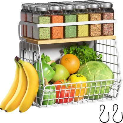 Magnetic Shelf for Fridge with Wood Lid, Fruit Potato and Onion Storage Bins, Pantry Organizers & Storage, Large Container Magnetic Spice Rack for Refrigerator, Kitchen Counter, Cabinet | Strong magnet holds 50lbs, ventilated bin for produce, versatile