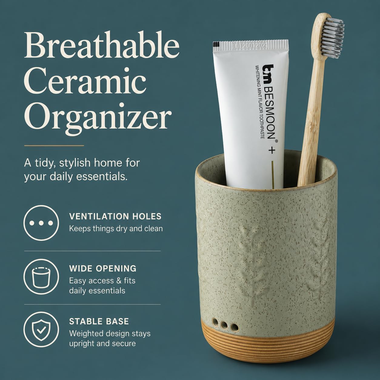 LYEOBOH Ceramic Toothbrush Cup, Cute Toothbrush Holder with Drainage White | Farmhouse Toothbrush Container, Countertop Toothbrush Organizer, Toothbrush Storage for Bathroom Vanity & Countertop