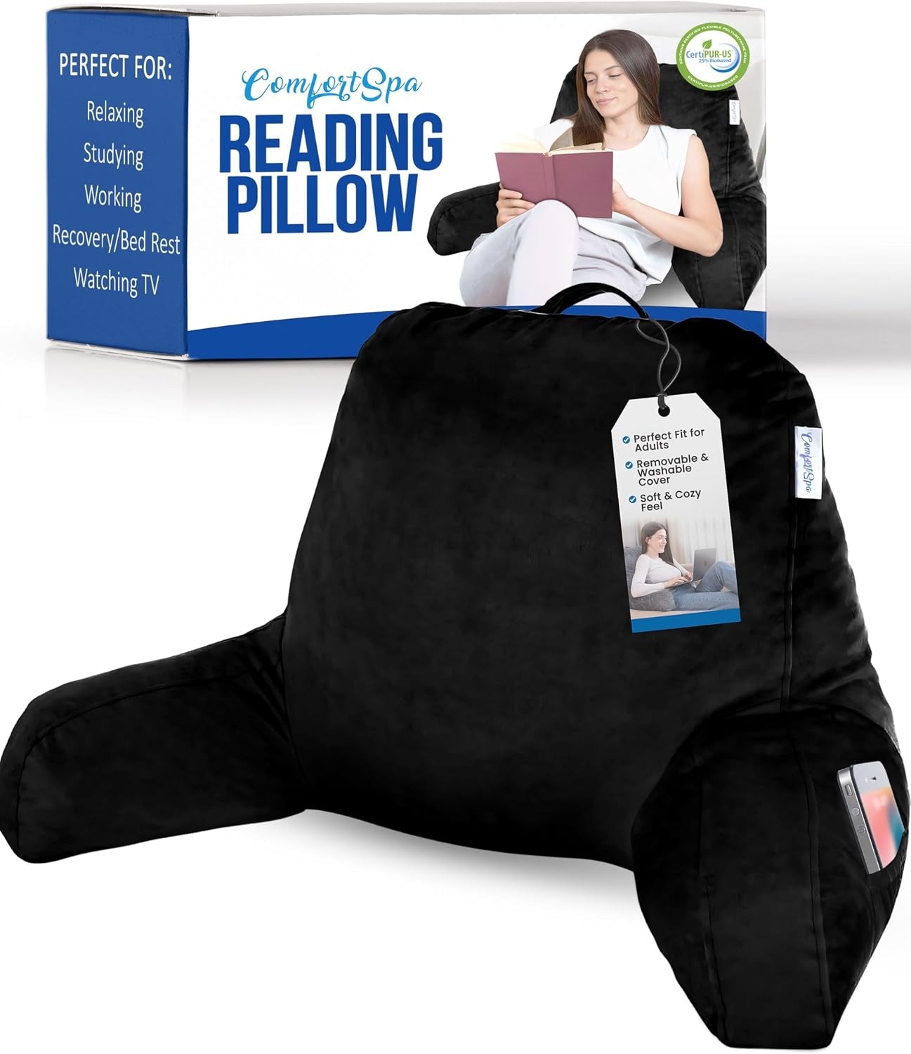 Reading Pillow for Bed with Arms Pockets for Adults, Large Grey | Bed Pillow for Sitting Up for Nursing, Breast Feeding, Bedrest or Relief from GERD or Heartburn; Removable, Washable Cover