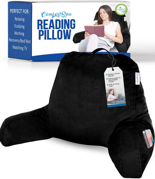 Reading Pillow for Bed with Arms Pockets for Adults, Large Grey | Bed Pillow for Sitting Up for Nursing, Breast Feeding, Bedrest or Relief from GERD or Heartburn; Removable, Washable Cover