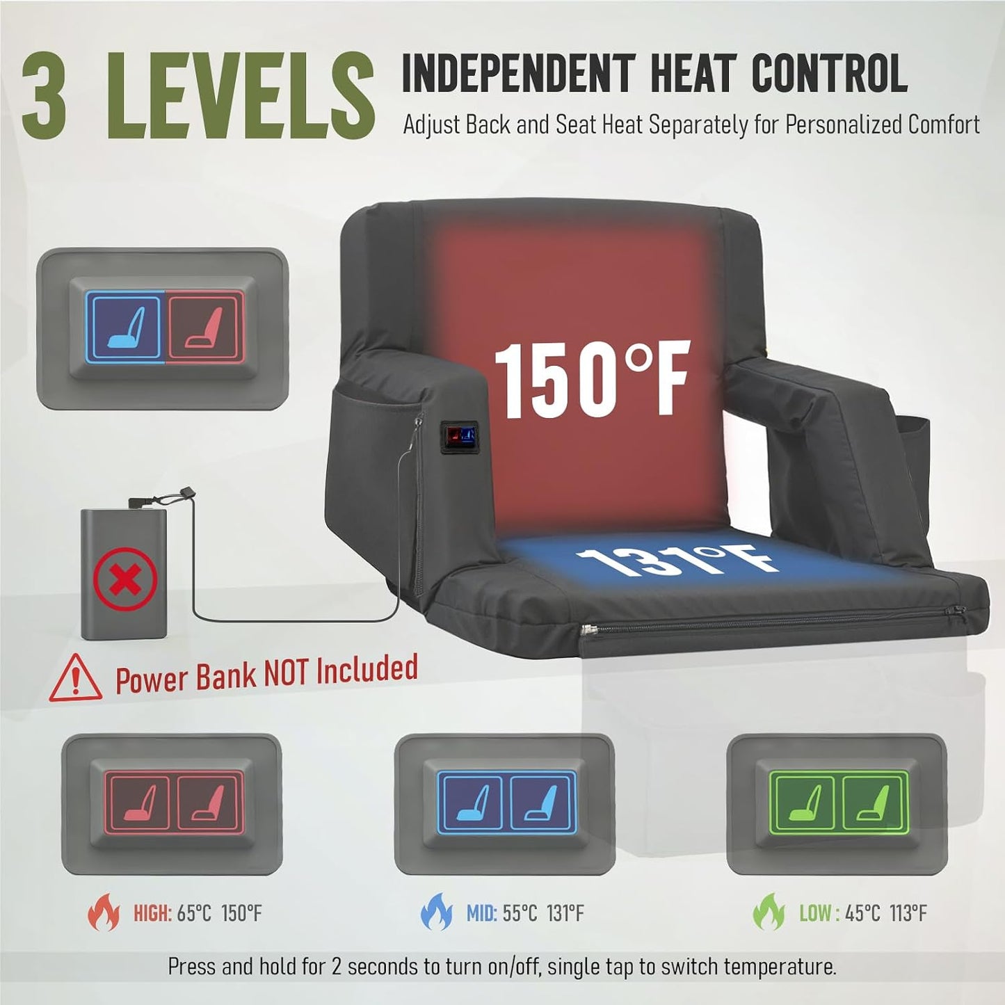 Overmont Heated Wide Stadium Seats 2 Pack, Dual-Zone Heat | 3 Heat Levels with Independent Control, 6 Recline Positions, Soft Cushion, Hooks and Pockets for Sport Camping Concerts
