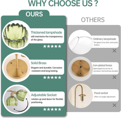 Shenmoyl Vintage Battery Operated Wall Sconce with Green Tulip Glass Lampshade Rechargeable Battery Powered Wall Light with Remote Control for Bedside Bedroom Doorway