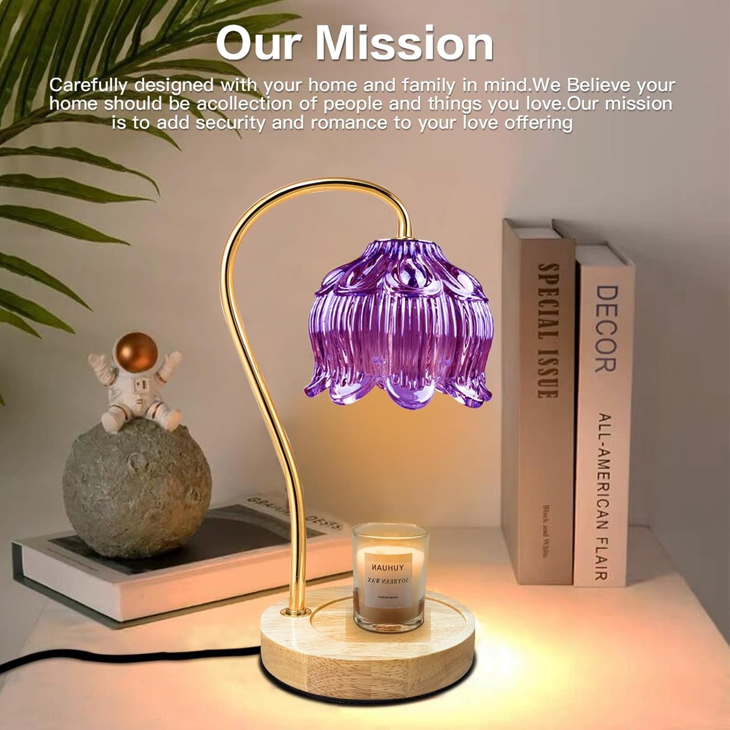 SupBri Candle Warmer Lamp with Timer & 4Bulbs, Pink Flower Glass Shdae