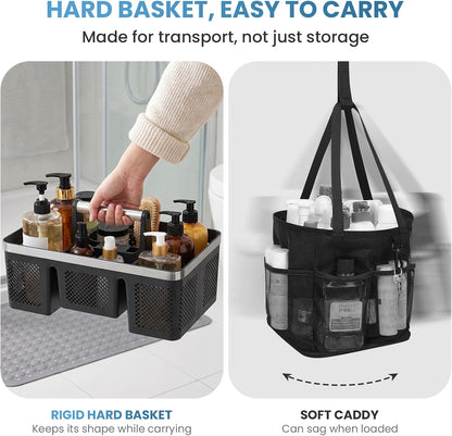 BYUNER Portable Cleaning & Shower Caddy with Handle: Rigid Plastic Basket with 4 Divided Compartments, All-Side Drainage for College Dorm, Bathroom & Utility Use, Black/Gold