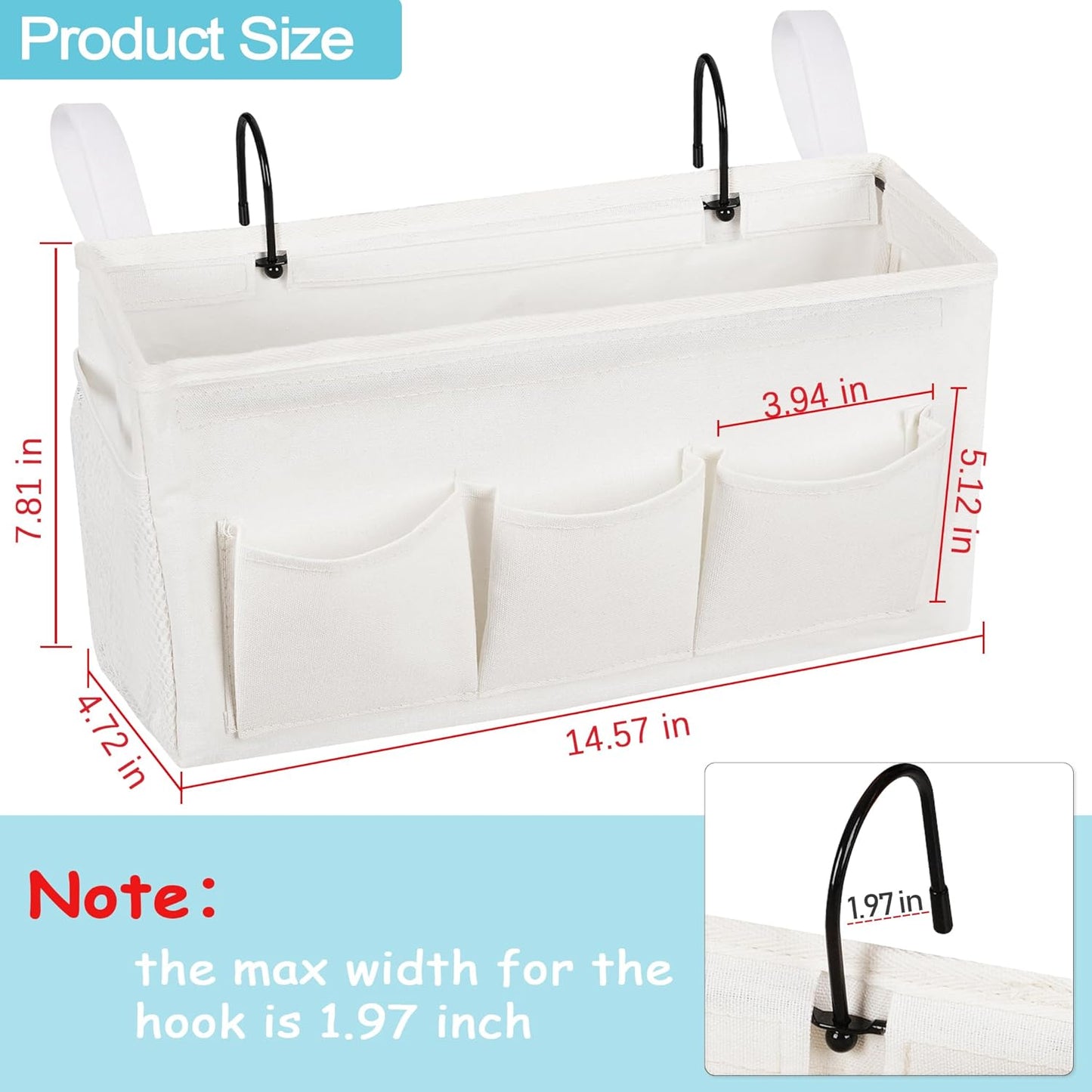Bedside Caddy, Bedside Storage Bag Hanging Organizer for Bunk Dorm Bed Rail | Bed Caddy with Hooks, Top Bunks and Dorm Essentials for Water, Tissues, Tablets, Books, Phones, Remotes and Other Necessories