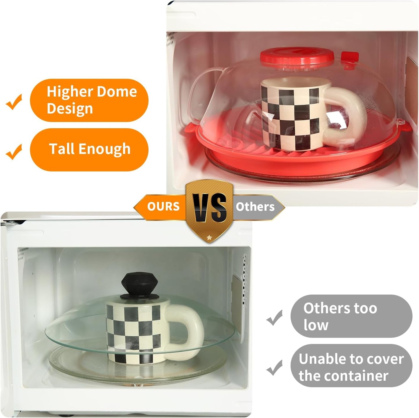 Microwave Splatter Cover Lid for Food 10.2 Inch with Water Steamer, Clear Microwave Splash Guard Cooker Lid with Plate, Dish Bowl Plate Serving Cover Cookware High Transparent Plastic Black