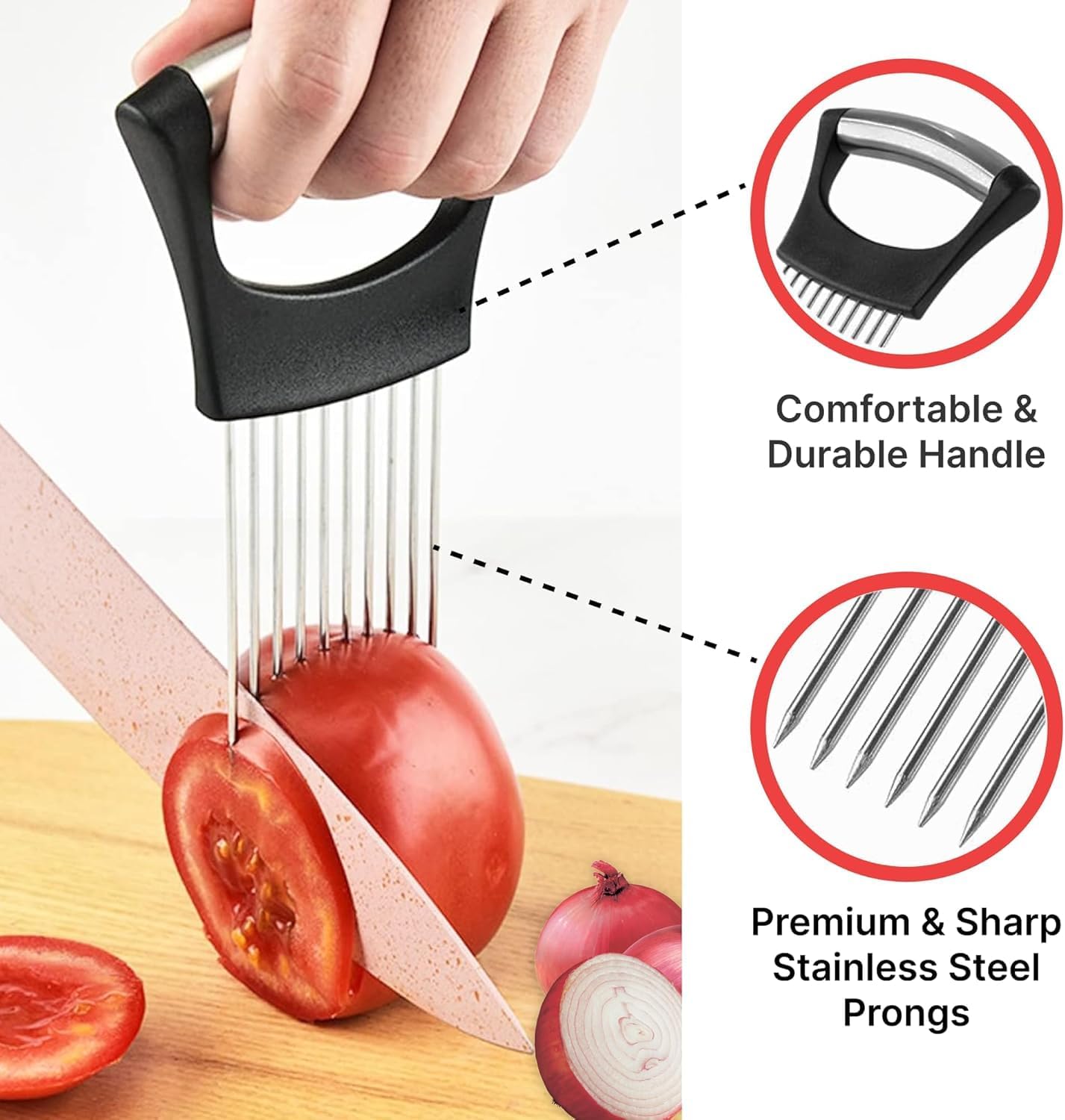 2Pcs Stainless Steel Onion Holder for Slicing, Onion Slicer Holder | Onion Cutter for Slicing of Onions, Food Vegetable Chopper, Tomatoes, Avocados, Eggs and Other Vegetables, Kitchen Utensils