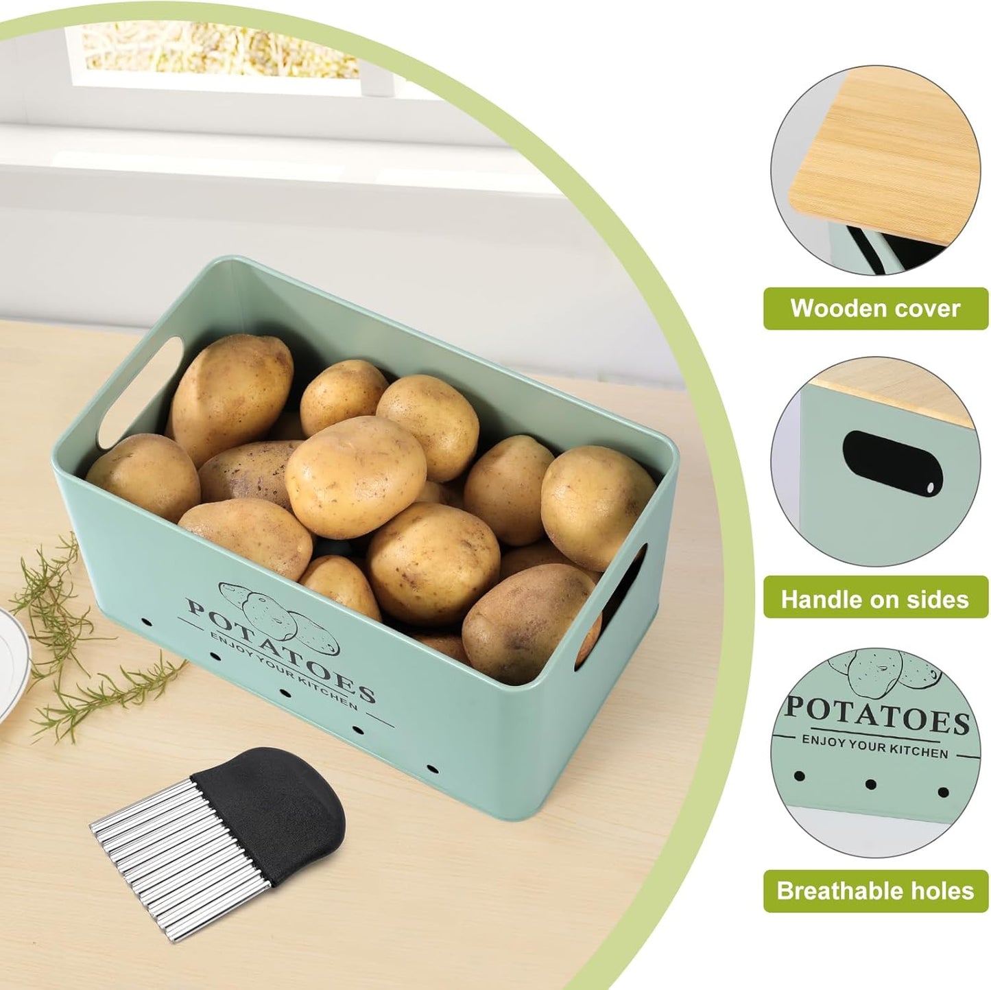 Kitchen Vegetable Storage Set of 3, Metal Onion Garlic Potato Storage Set, Kitchen Canisters Vegetable Keeper Containers with Aerating Holes and Bamboo Lid,Black