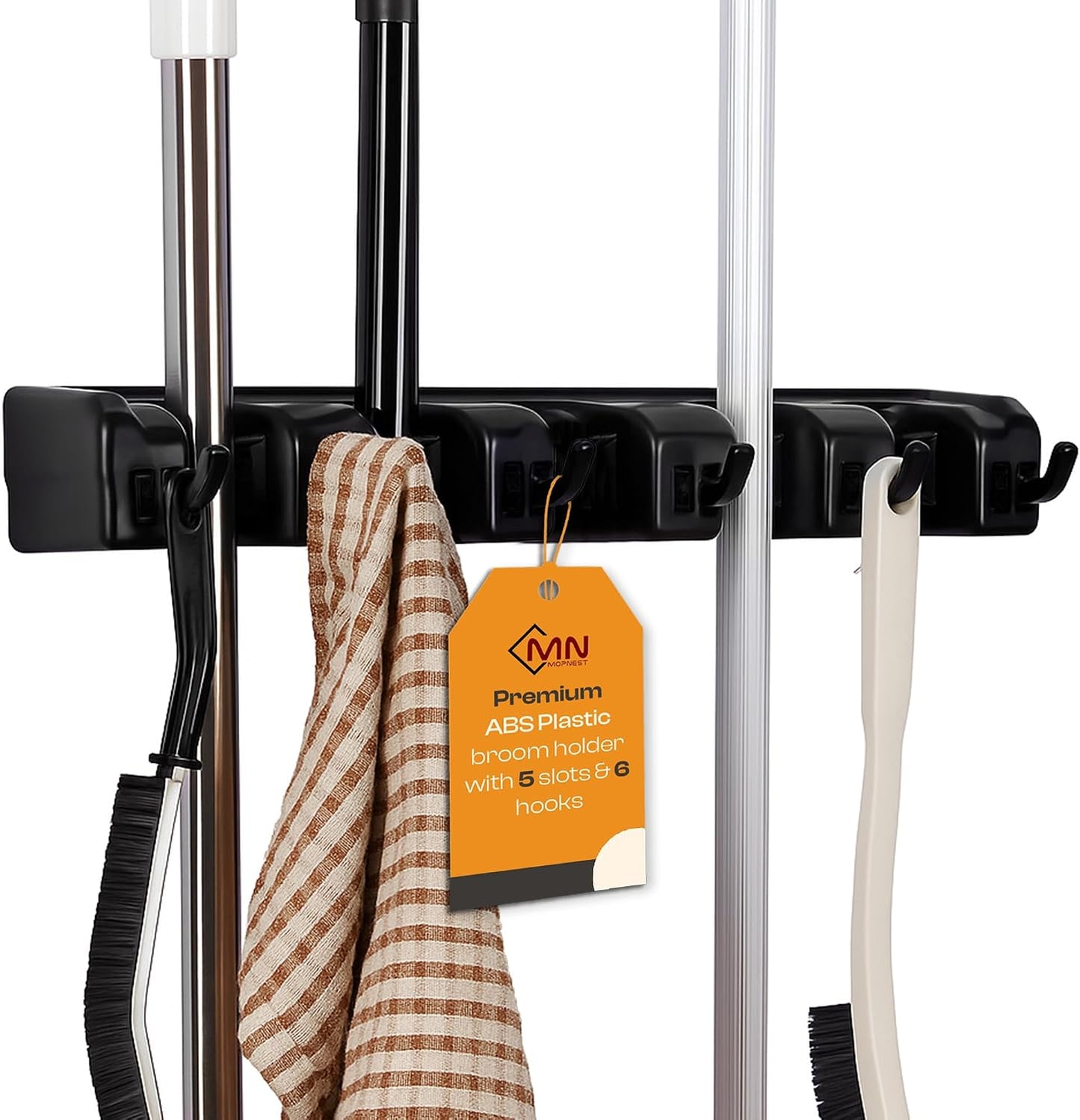 Stainless Steel Broom Holder Wall Mount, 3 Racks & 4 Hooks | Waterproof organizer for mops, brooms, tools and garden equipment, adjustable wall storage, black
