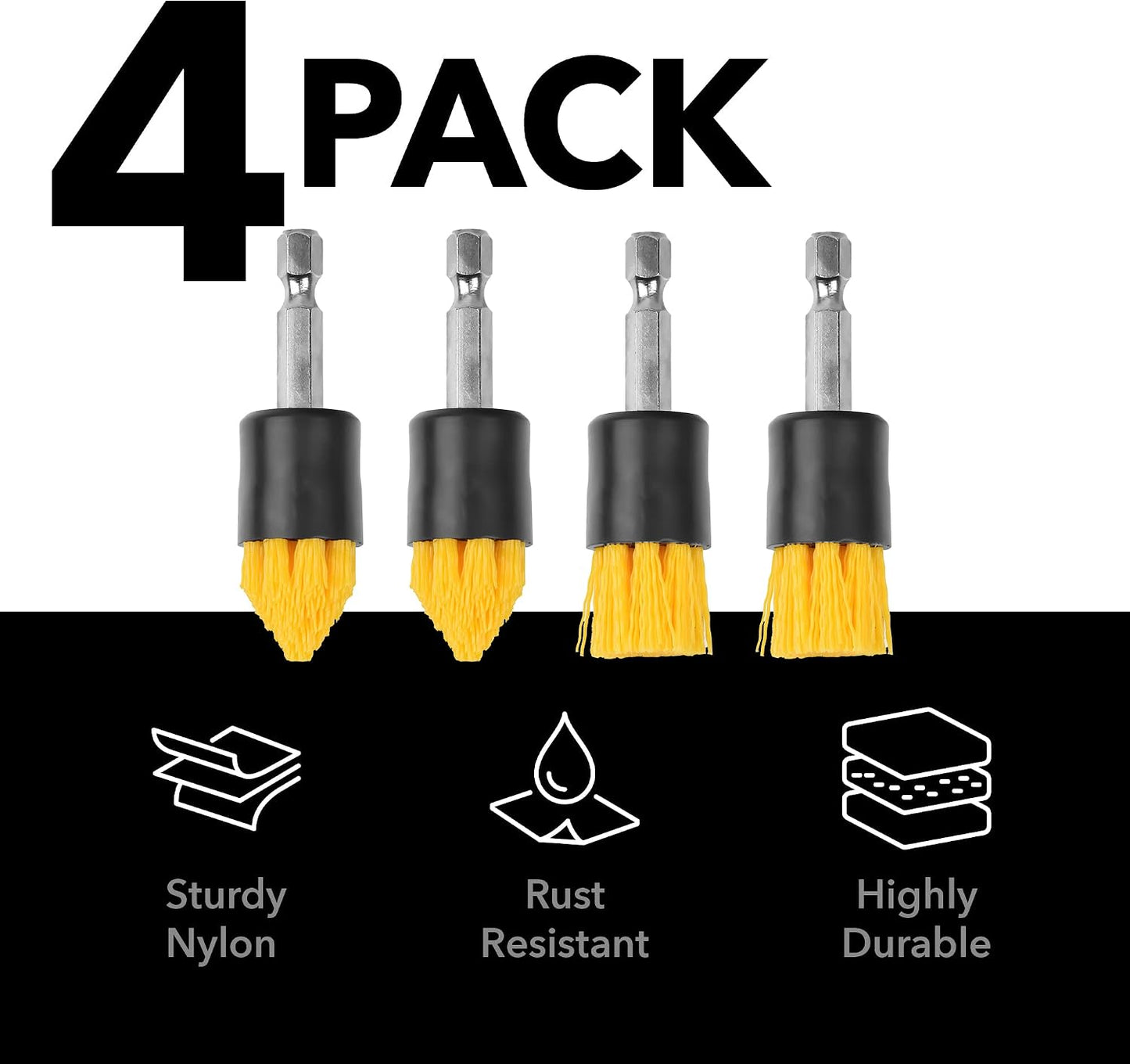 Impresa 4-Pack Drill Brush Attachment Set - Yellow, 5/8" Stiff Bristles - Efficient Cleaning, Quick-Change Shafts & Cordless Drill Fit - Versatile Tile Cleaning & Tile Grout