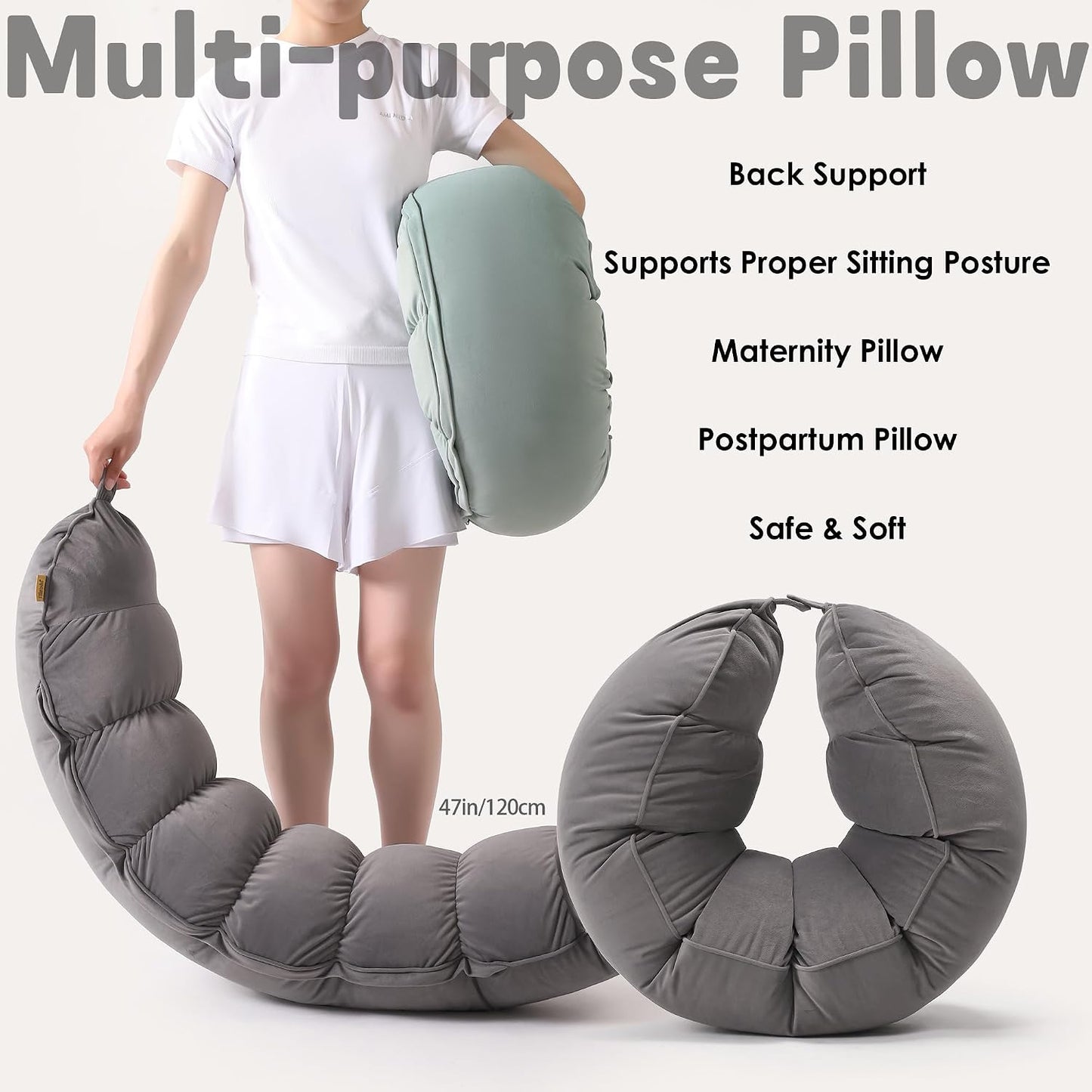 Peallow(Pat. Pend) – Long Round Body Pillow for Adults, Bolster Pillow for Sleeping, Soft and Supportive Pillow for Sleeping & Lumbar Support (Green-White, 29.5")