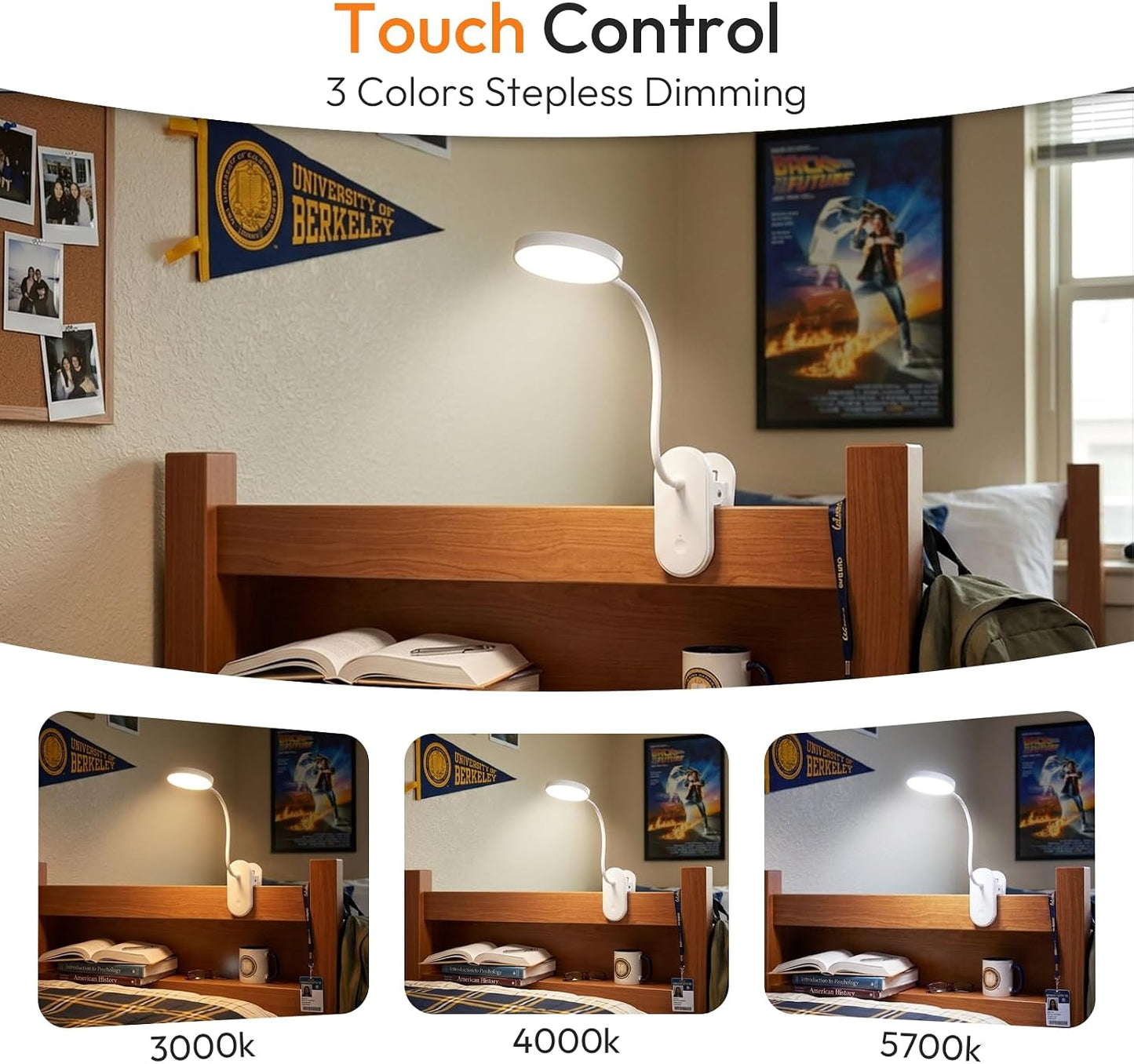 Clip on Light, Stepless Dimmable & 3 Colors Touch Control Clip On Bed Light. 2600mAh Rechargeable Reading Lights for Books in Bed, Headboard and Bedside Table Lamp, Reading Light For Dorm/Home