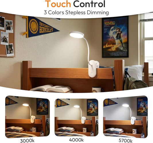 Clip on Light, Stepless Dimmable & 3 Colors Touch Control Clip On Bed Light. Dorm Room Essential 2600mAh Rechargeable Battery Powered Lamp. Flexible Clip On Lamp for Desk/Bedside/Headboard
