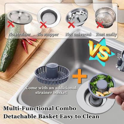 BAOLSLS 3 in 1 Kitchen Sink Stopper, Pop Up Kitchen Sink Drain Strainer | with An Extra Basket Strainer, Kitchen Sink Drain Stopper for US Standard 3-1/2 Inch, Chrome Silver