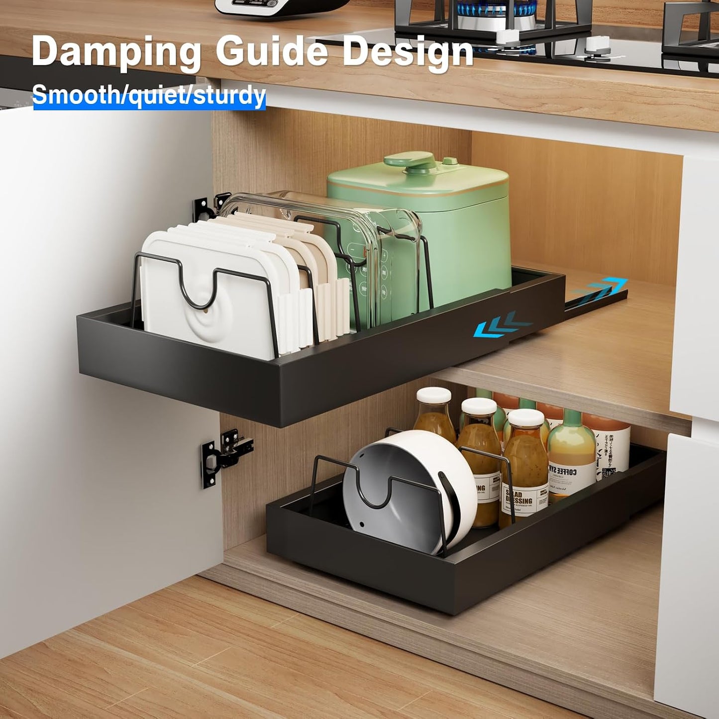Mustorn 2 Pack Pull Out Cabinet Organizer, Slide Out Drawers for Cabinets, Peel and Stick, Heavy Duty Shelves for Kitchen, Cupboard, Pantry, Bathroom (16.5"D*11.8"W*3.94"H-Black)