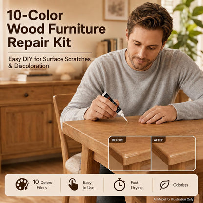 10 Color Wood Repair Kit Blendable Anti-Crack Furniture Restore Set | Full Tool & Color Chart, Strong Adhesion, Repairs Floor Cabinet Wood Surfaces, Practical Housewarming DIY Gift Kit