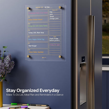 Yeoux Clear Glass Golden Weekly & Menu Dry Erase Calendar Board 15“x11 | Wall Mount, Non-Magnetic, Meal Planning & Grocery Shopping List Whiteboard for Kitchen & Home, 4 Markers