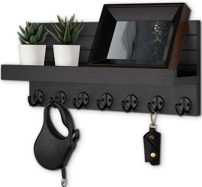 Lwenki Key Holder Wall Mount, Entryway Key and Mail Holder with 7 Sturdy Hooks for Sunglasses, Dog Leash, Decorative Wall Shelf with Mounting Hardware, 15”W x 6.7”H x 4.2”D