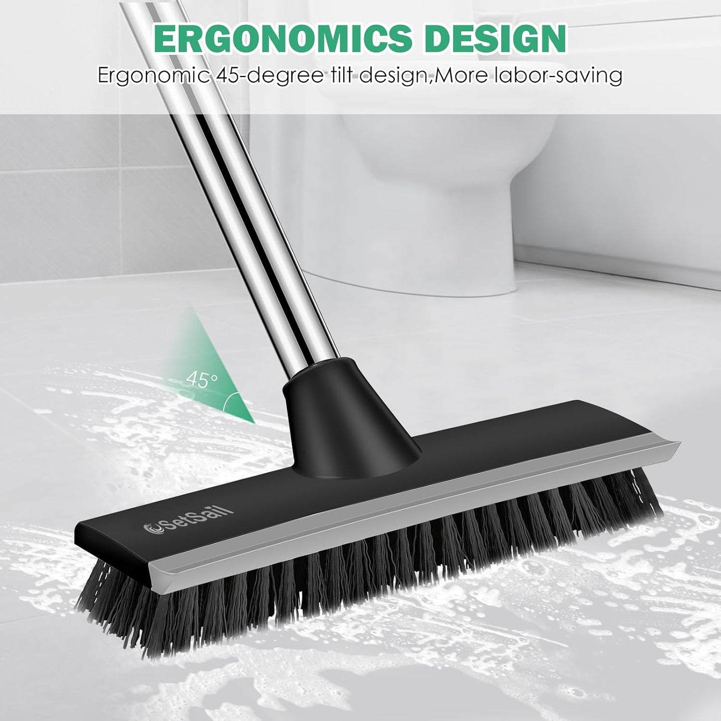 SetSail Floor Scrub Brush with 51-Inch Long Adjustable Handle 2 in 1 Scrape Brush Stiff Bristle Floor Scrubber for Cleaning Shower Bathroom Garage Kitchen Wall Deck Tub Tile | 2 in 1 Scrape Brush Stiff Bristle Floor Scrubber for Cleaning Shower Bathroom