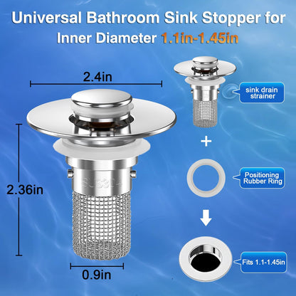 Bathroom Sink Drain Strainer, Pop-up Sink Drain Strainer with Removable Stainless Steel Strainer Basket Hair Catcher, Bathroom Sink Strainer for Bathroom Sink Stopper Replacement(1PCS)