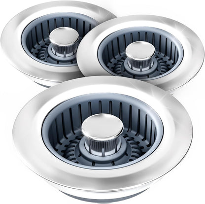 3 in 1 Kitchen Sink Drain Strainer Stopper Removable Basket Pop-Up | Kitchen Sink Food Strainer 1 Pack Silver Stainless - Food Catcher, Odor-Block Seal, Fits 3.5" Drain, Easy Clean