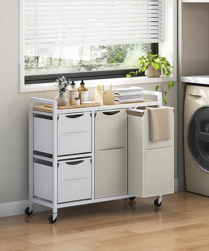 HOOBRO Laundry Sorter with 4 Section, 39 Gal. (147 L) Laundry Hamper with Wheels, Rolling Laundry Basket with Shelf, Pull-Out Detachable Bags, Side Pockets, Rustic Brown, Black and Beige BFE14XY01N1