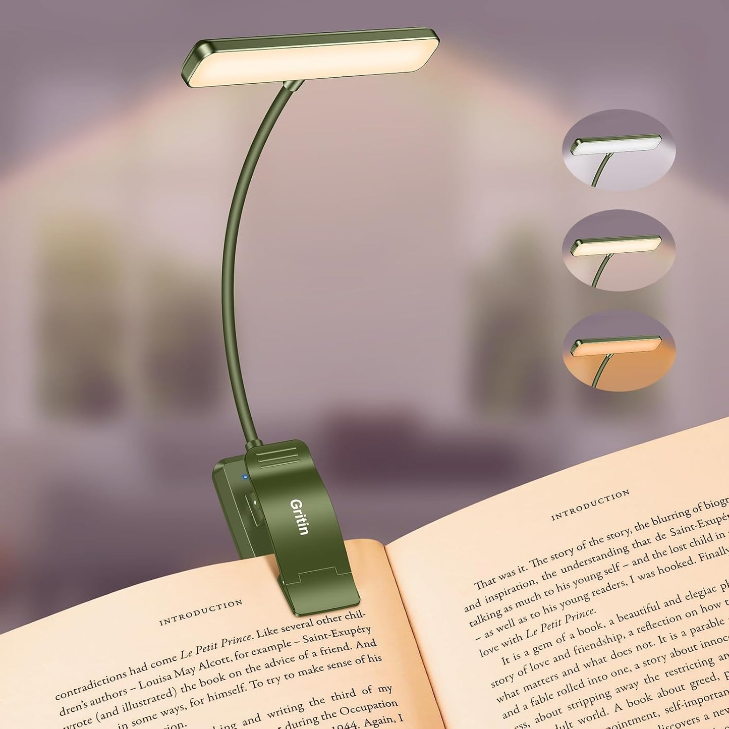 Gritin 19 LED Rechargeable Book Light for Reading in Bed | Eye Caring 3 Color Temps,Stepless Dimming Brightness,Memory Function,90 Hrs Runtime Lightweight Clip on Light for Book Lovers