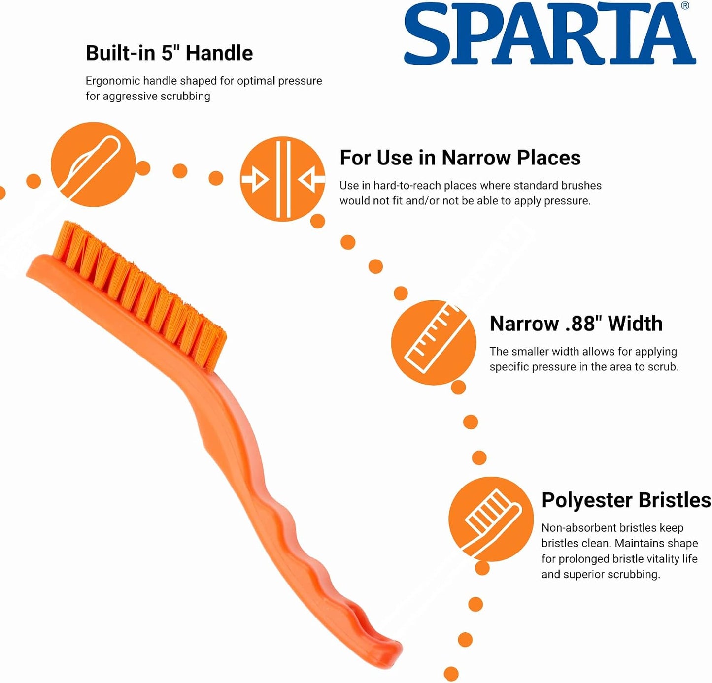SPARTA Grout Brush with Stiff Nylon Bristles, 8 Inch, White | Flo-Pac, Stiff Crimped Nylon Bristles, 2.75-Inch Brush Section, Narrow Crevices, BPA Free