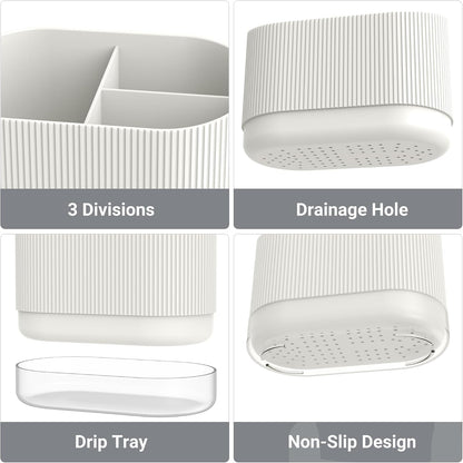 Large White Kids Toothbrush Holder for Bathroom with Drainage Tray 3 Slots | Cute Plastic Toddler Tooth Brush and Toothpaste Holder Organizer Caddy, White Bathroom Accessories Decor