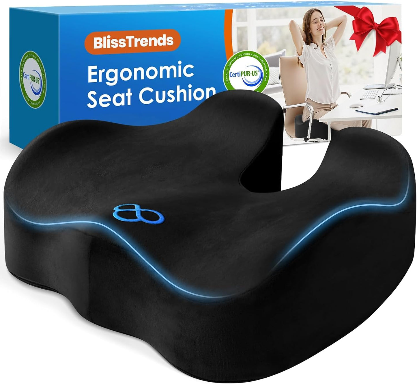 BlissTrends Memory Foam Seat Cushion for Office Chair & Car Seat, Black | 4.7in Ergonomic Tailbone & Sciatica Support with Removable Velvet Cover for Pressure Relief and Long Sitting Comfort
