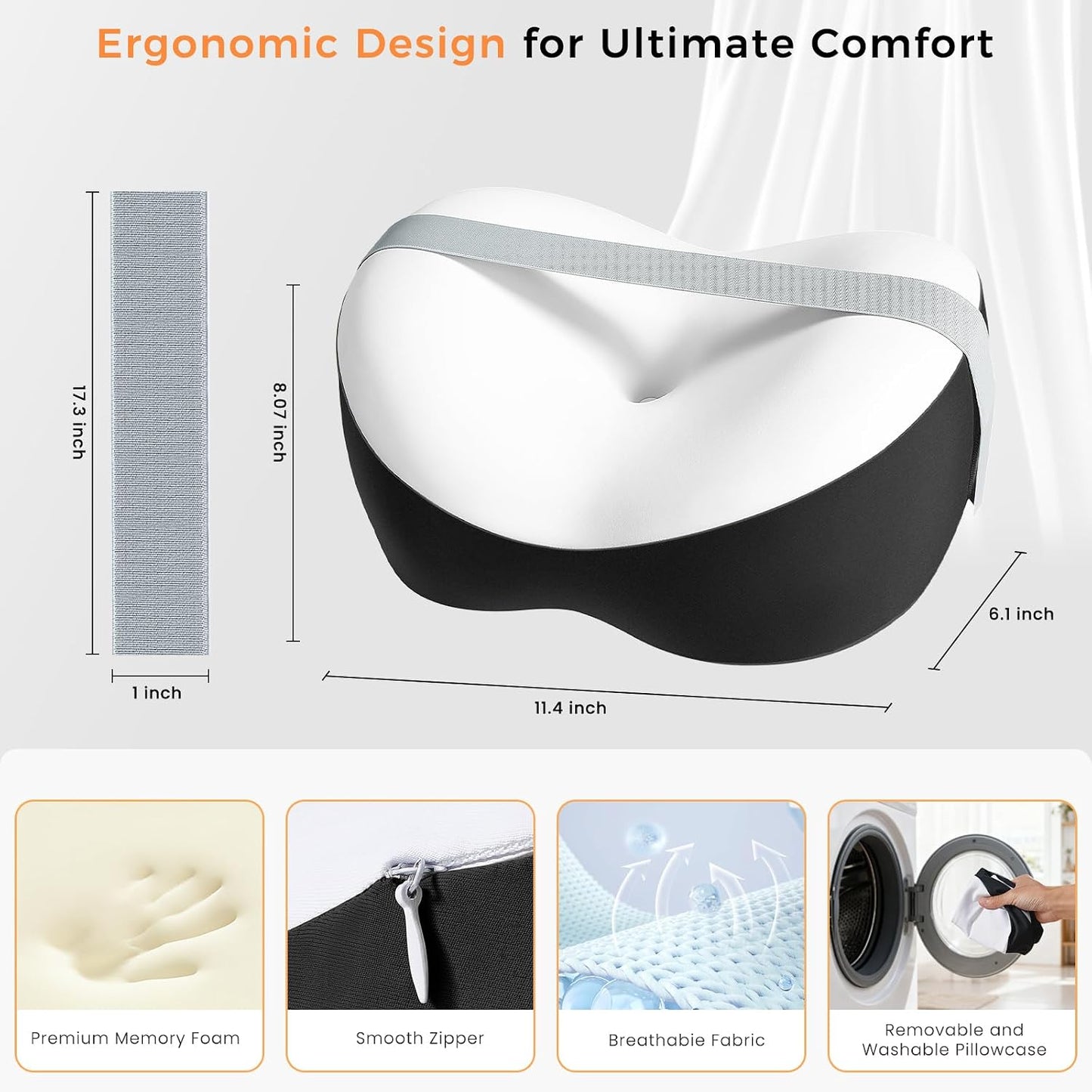 Knee Pillow for Side Sleepers, Leg Pillow with Adjustable Hook & Loop Strap & Removable Washable Cover for Spine Alignment, Sciatica, Hip & Back Pain Relief