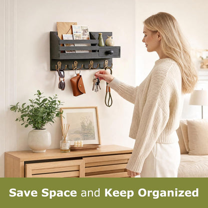 Key Holder Wall Mount, Wooden Key and Mail Organizer, Black | 2 Mount Options, Includes 8 Hooks, Fence Mail Slot, Small Drawer and Shelf, for Entryway, Hallway, Doorway, Living Room, RV